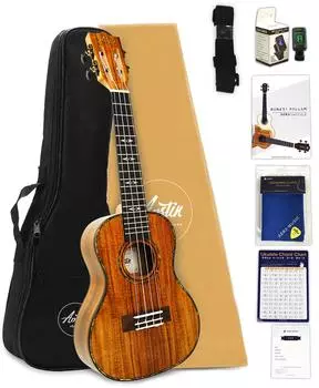 Aostin Austin Ukulele Концертный размер Гавайский сердечник с прорезной головкой AC100 комплект включая домашнюю инструкцию аккорды концерт (Гарантия на 8 частей, тюнер, книга, коричневый