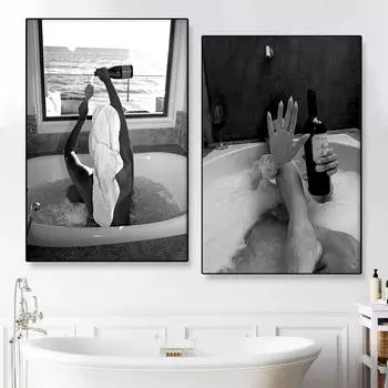 Aperol Spritz Постер Барная тележка Печать Коктейль Женщина пьет вино в ванной Настенное искусство Алкогольный постер Паб Девушки Декор ванной комнаты 21x30cm No Framed