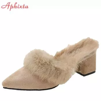 Aphixta Warm Real Rabbit Hair Slippers Women Shoes Winter Pointed Toe Luxury Real Fur Square Heel Lady Mujer Indoor Slides 6