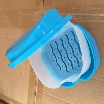 Apple Shape Denture Bath Box Case Dental False Teeth Storage Box with Hanging Net Container синий