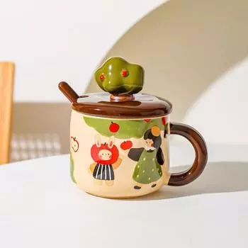 Apple Tree Girl Ceramic Retro Mug High looking Spoon Office Water Cup Coffee Cup Breakfast Cup 301-400ml