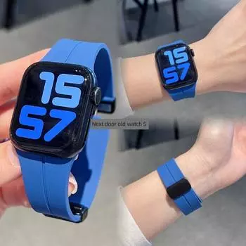 Applicable to Apple Watch Band Applewatch8 Silicone Magnetic Buckle Iwatchs109se2 Minimalist Easiest for Match Men and Women Navy blue 42mm(1/2/3 generation)
