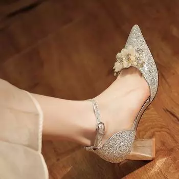 Аппликация из блесток и зернистости на толстом каблуке с пряжкой, темпераментные свадебные банкетные свадебные туфли на высоком каблуке 34