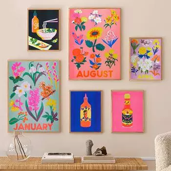 Апрель, современные цветы, растение, плакат, художественный принт, мимоза, лапша, ретро, бутылка для горячего соуса, кухонная стена, холст, картина, домашний декор для комнаты (с рамкой) 15*20cm(with frame)