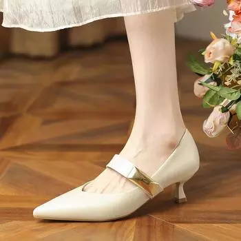 apricot black professional job 2025 new thin heel medium heel high heels single shoes women s French one-word buckle with pointed tip 35