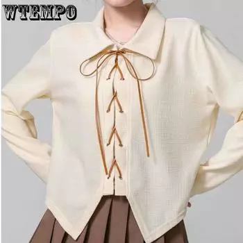 Абрикосово-черная короткая рубашка с длинными рукавами и воротником-поло из вафельной ткани женская рубашка нестандартного покроя, верхняя часть на весну и осень S абрикосовый