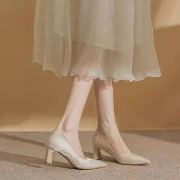 Apricot etiquette high heels women s thick heels beautiful temperament socialite pointed head light mouth single shoes bridesmaid satin shoes prince 35