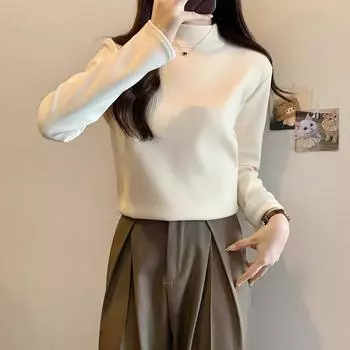 Apricot half turtleneck long-sleeved T-shirt for women under suit with velvet slim-fitting bottoming shirt 2024 autumn and winter warm top S