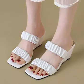 Apricot Leather Women Wedge Slippers Square Toe Summer Casual Prom Party Pumps Pleated Strap Brown Slides Femmes 35 белый
