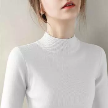 Apricot Slim fit Slimming Long sleeve Knit Women clothes Inner wear Base Top 2025 Spring New Half-high Collar Sweater White S([Recommended 40.00 kg-50.00 kg]])