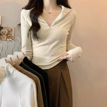 Apricot temperament bottoming shirt T-shirt with zipper half open collar German velvet thickened winter collarbone-exposing long-sleeved top S