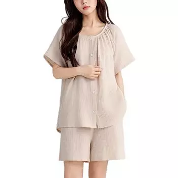 AQRTPXU Double Gauze Loungewear Set Sleeve Shirt and Crew Solid Perfect for Summer Women s Pajamas, 100% Cotton, 2-Piece (Short + Shorts), V-Neck
