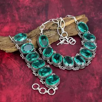 Aqua Apatite 925 Solid Sterling Silver Jewelry Set For Her, Handmade Designer Gemstone Bracelet & Necklace Jewelry For Wedding Gift