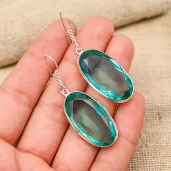 Aqua Apatite Gemstone Handmade 925 Solid Sterling Silver Gift For Wedding Jewelry Earring