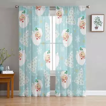 Aqua Blue Santa Claus Christmas Tree Snowflake Sheer Curtains Living Room Decoration Window Curtain Kitchen Tulle Voile Curtains W135 x H115cm x1