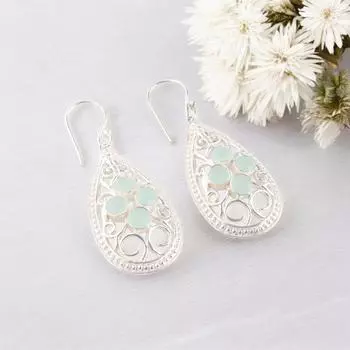 Aqua Chalcedony Gemstone 925 Stamped Silver Handmade Trendy Hook Earrings 2.25 CE-17-17