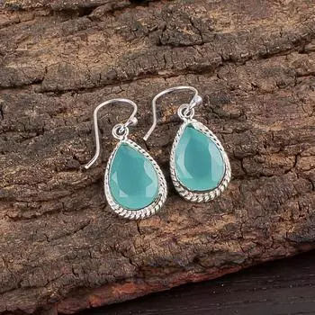 Aqua Chalcedony Gemstone 925 Sterling Silver Handcrafted Jewelry Earrings 1.40 EE-9-17