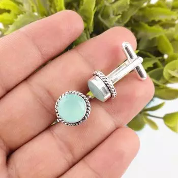 Aqua Chalcedony Gemstone 925 Sterling Silver Handcrafted Jewelry Cufflinks 0.51 CL-3-19
