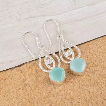 Aqua Chalcedony Gemstone 925 Sterling Silver Handmade Drop/Dangle Earrings 2.00 EE-32-14
