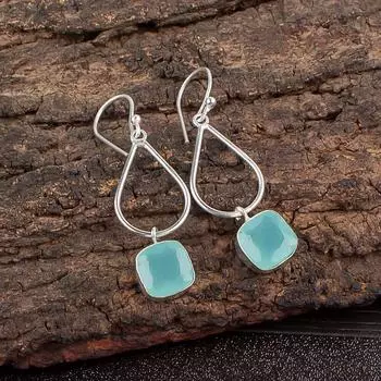 Aqua Chalcedony Gemstone 925 Sterling Silver Handmade Jewelry Earrings 1.90 EE-7-15