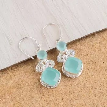 Aqua Chalcedony Gemstone 925 Sterling Silver Handmade Jewelry Earrings 1.12 EE-69-14