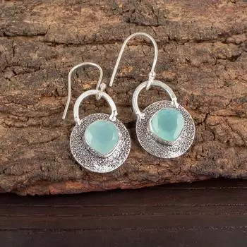 Aqua Chalcedony Gemstone 925 Sterling Silver Jewelry Handmade Earrings 1.30 EE-63-14