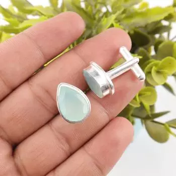 Aqua Chalcedony Gemstone 925 Sterling Silver Jewelry Handmade Cufflinks For Gift CL-6-21
