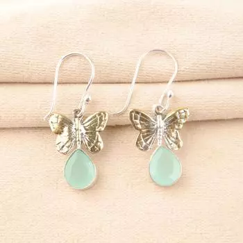 Aqua Chalcedony Gemstone 925 Sterling Silver Jewelry Handmade Hook Earrings 1.3 EE-155-14