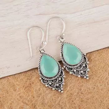 Aqua Chalcedony Gemstone 925 Sterling Silver Jewelry Earrings 1.9 Gift For Her EE-85-17