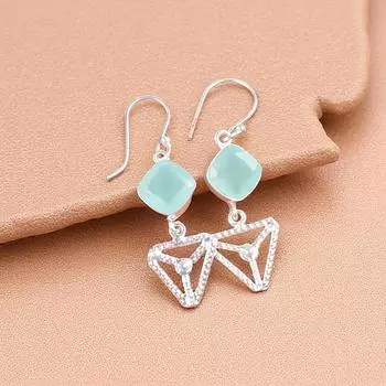 Aqua Chalcedony Gemstone 925 Sterling Silver Jewelry Handcrafted Earrings 2.00 EE-45-15