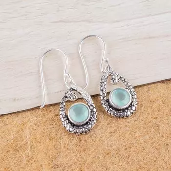 Aqua Chalcedony Gemstone 925 Sterling Silver Jewelry Drop/Dangle Earrings 1.38 CE-3-12