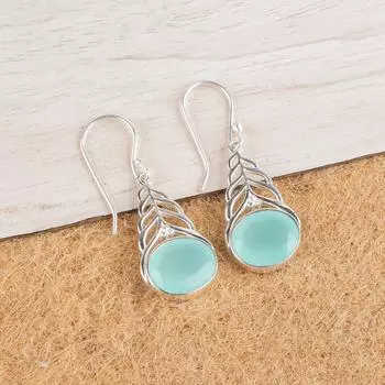 Aqua Chalcedony Gemstone 925 Sterling Silver Jewelry Drop/Dangle Earrings 1.64 CE-1-15
