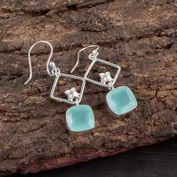 Aqua Chalcedony Gemstone 925 Sterling Silver Jewelry Handmade Earrings 1.70 EE-10-17