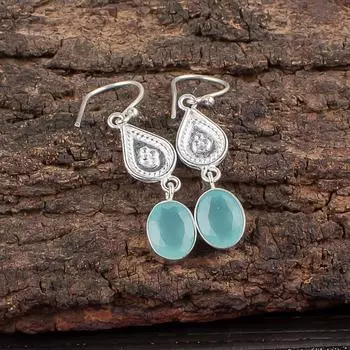 Aqua Chalcedony Gemstone 925 Sterling Silver Jewelry Handmade Earrings 1.70 EE-8-14