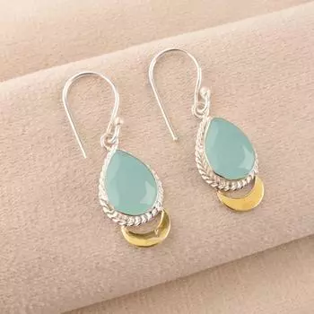 Aqua Chalcedony Gemstone 925 Sterling Silver Jewelry Handcrafted Earrings 1.5 EE-162-16