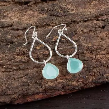 Aqua Chalcedony Gemstone 925 Sterling Silver Jewelry Handmade Earrings 1.90 EE-19-14