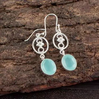 Aqua Chalcedony Gemstone 925 Sterling Silver Jewelry Handmade Earrings 2.00 EE-17-15
