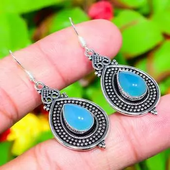 Aqua Chalcedony Gemstone Handmade 925 Sterling Silver Jewelry Earring 1.97 v4l38