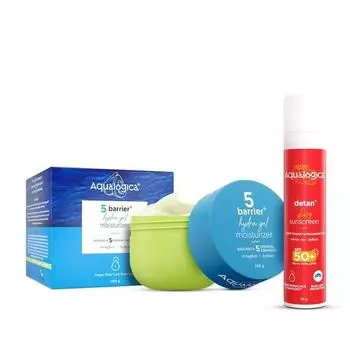 Aqualogica 5 Barrier+ Hydra Gel Moisturizer & Detan+ Dewy Sunscreen | 24-часовое интенсивное увлажнение | Удаляет загар | Защита SPF 50+ и PA++++