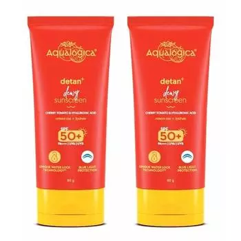 Aqualogica Detan+ Dewy Sunscreen с томатами черри и гиалуроновой кислотой с SPF 50 и PA++++ для мужчин и женщин | Упаковка из 2 шт.