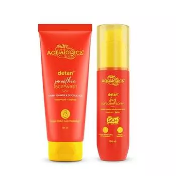 Aqualogica Detan+ Smoothie Face Wash With Cherry Tomato & Glycolic Acid For Tan Removal (100Ml) + Detan+ Dewy Sunscreen Spray (100 Ml) | 2 Count