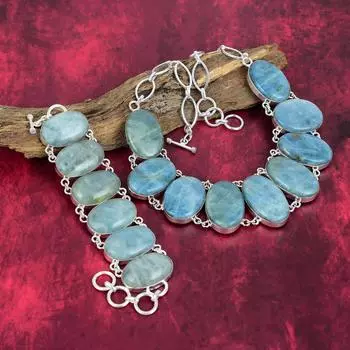 Ювелирные изделия из натурального драгоценного камня аквамарин, браслет и ожерелье из цельного серебра 925 пробы, ювелирные изделия ручной работы, уникальный комплект ювелирных изделий в подарок маме Adjustable With 8 -18 синий