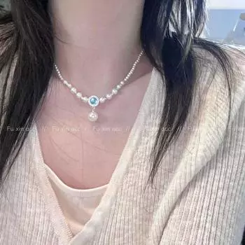 Aquamarine Pearl Necklace & Bracelet Set - Elegant Silver Clavicle Chain with Niche Luxury Style