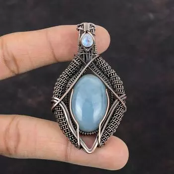 Аквамариновый кулон, медная проволока, обернутая кулоном, радужным лунным камнем, медная бижутерия, обернутая драгоценным камнем, кулон ручной работы для подарка