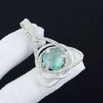 Aquamarline Gemstone Silver Pendant in 925 Sterling Silver- Handmade Design, Celtic Family Knot Wire Wrapped Everyday Jewelry, Party Wear Gift 2.16 зелёный