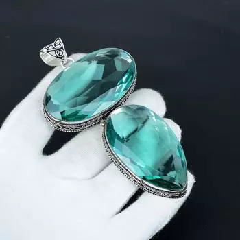 Aquamarline Giant Size Gemstone Handmade 925 Sterling Silver Jewelry Pendant, Big Size Pendant For Gifts , Double Aquamarline Gemstone Pendant 2.54 зелёный