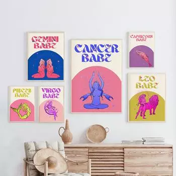 Печать знака зодиака Водолей, зодиакальное искусство, холст, картина, красочный астрологический постер, ретро-стиль 90-х, абстрактная цитата, домашний декор, без рамки 21*30cm No Frame