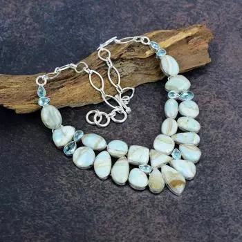 Арагонит, ожерелье с голубым топазом, драгоценные камни, 925 чистое серебро, изумительное ожерелье, ювелирное изделие ручной работы, подарок для любви Adjustable with 18 inches синий