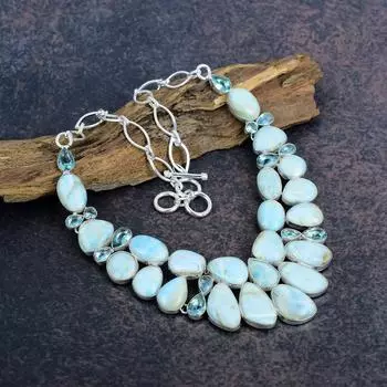 Арагонит, ожерелье с голубым топазом, драгоценные камни, 925 чистое серебро, изумительное ожерелье, ювелирное изделие ручной работы, подарок для любви Adjustable with 18 inches синий