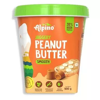 Арахисовое масло с высоким содержанием протеина Alpino Jaggery Smooth 500 г | 30% с высоким содержанием белка | Сделано из жареного арахиса, сывороточного протеина, органического пальмового сахара 500gms